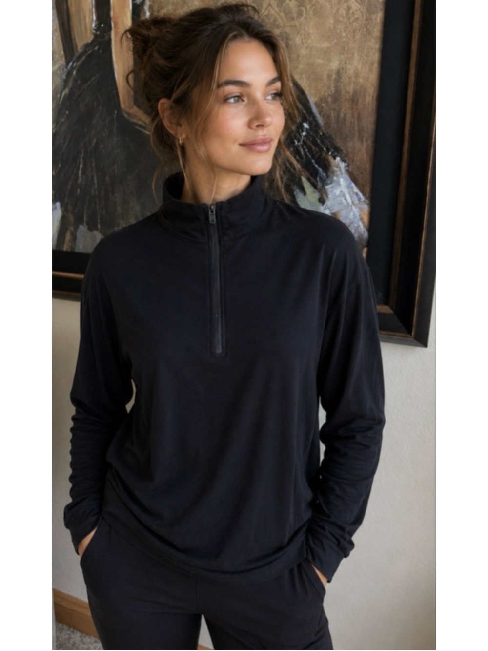 Women's Cozy Earth Black Long Sleeve Half-Zip Pullover Sweatshirt L